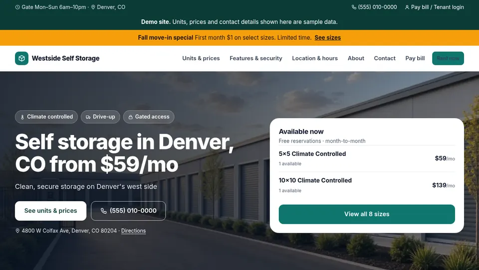 Screenshot: Your own facility website (demo facility, sample data)