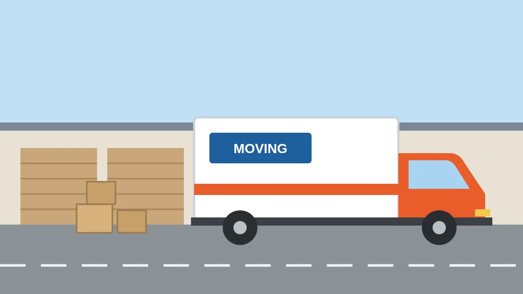 Illustration of a moving truck parked outside a storage facility